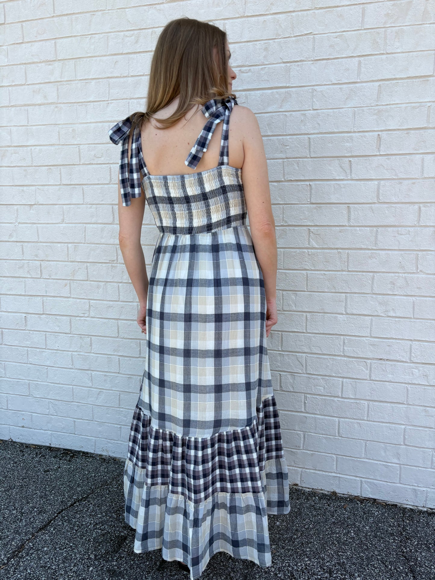 Navy Gingham Tiered Maxi Dress