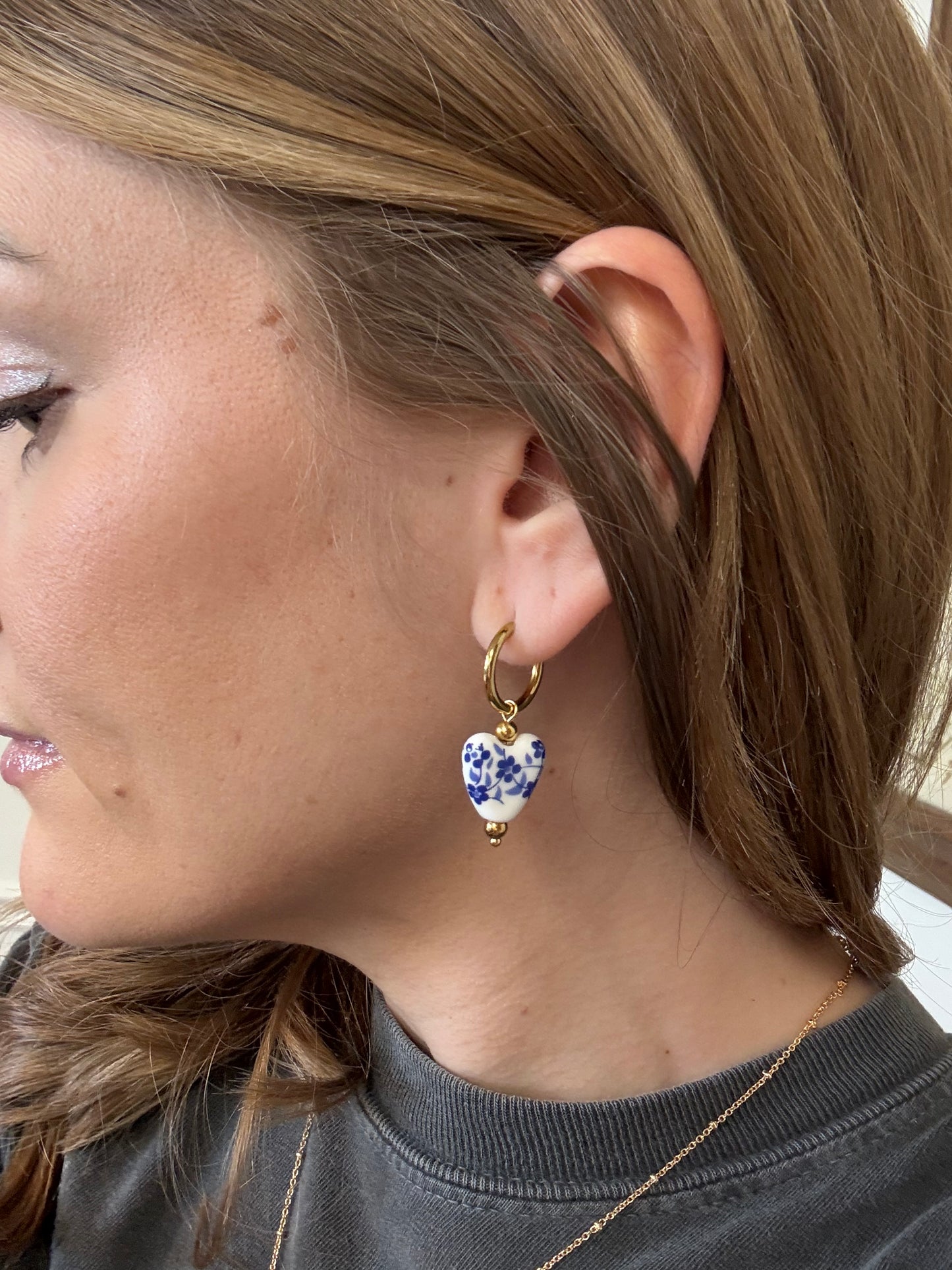 Blue and White Ceramic Heart Earring