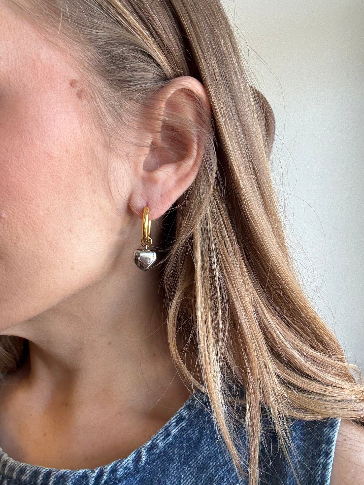 18K Two Tone Heart Earring