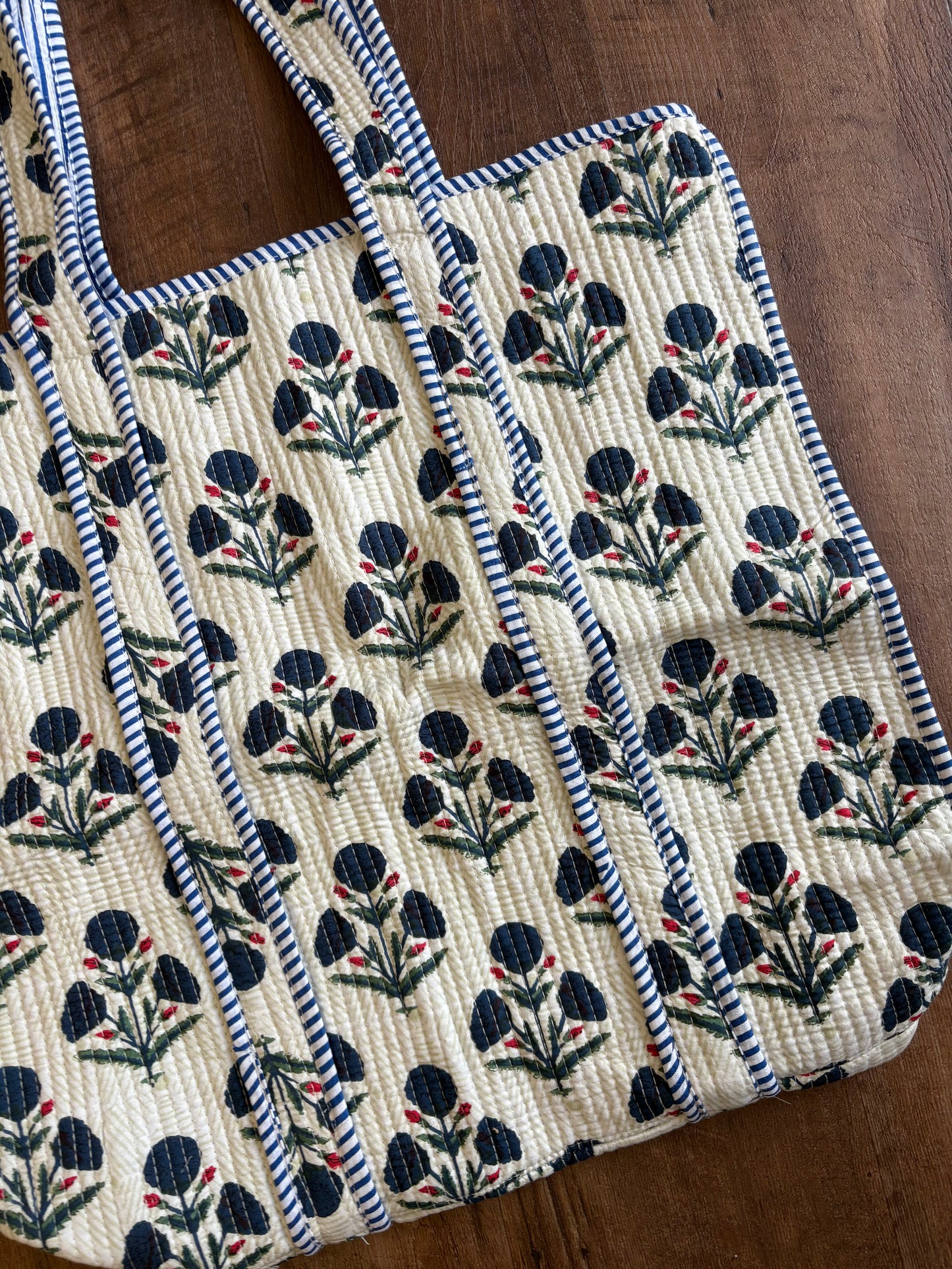 Ivory and Navy Floral Large Quilted Bag