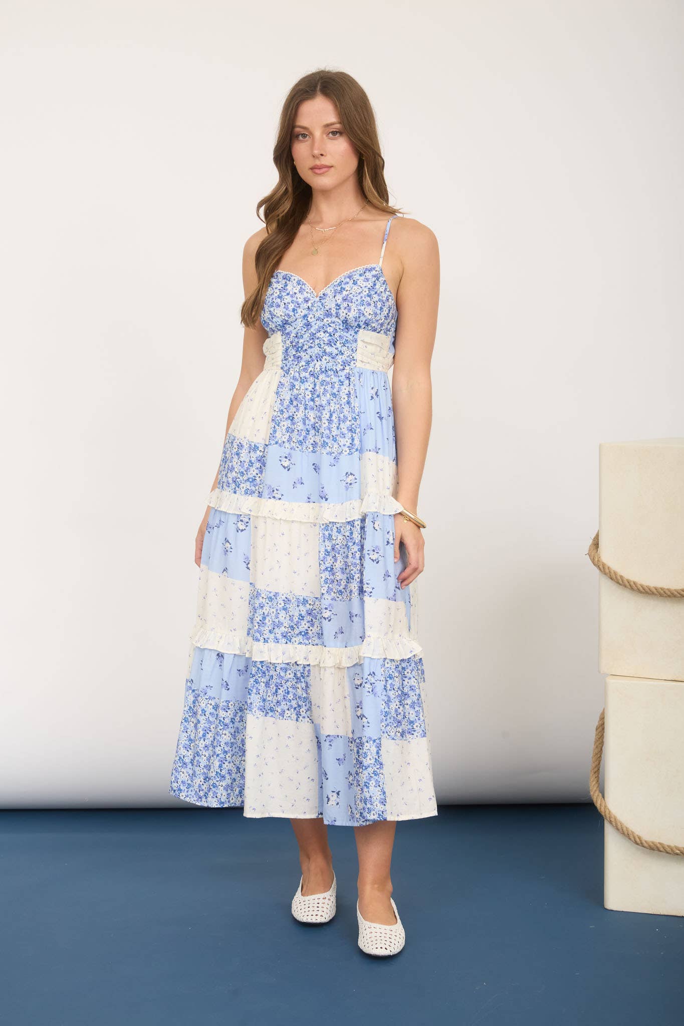 Blue Patchwork Midi Dress