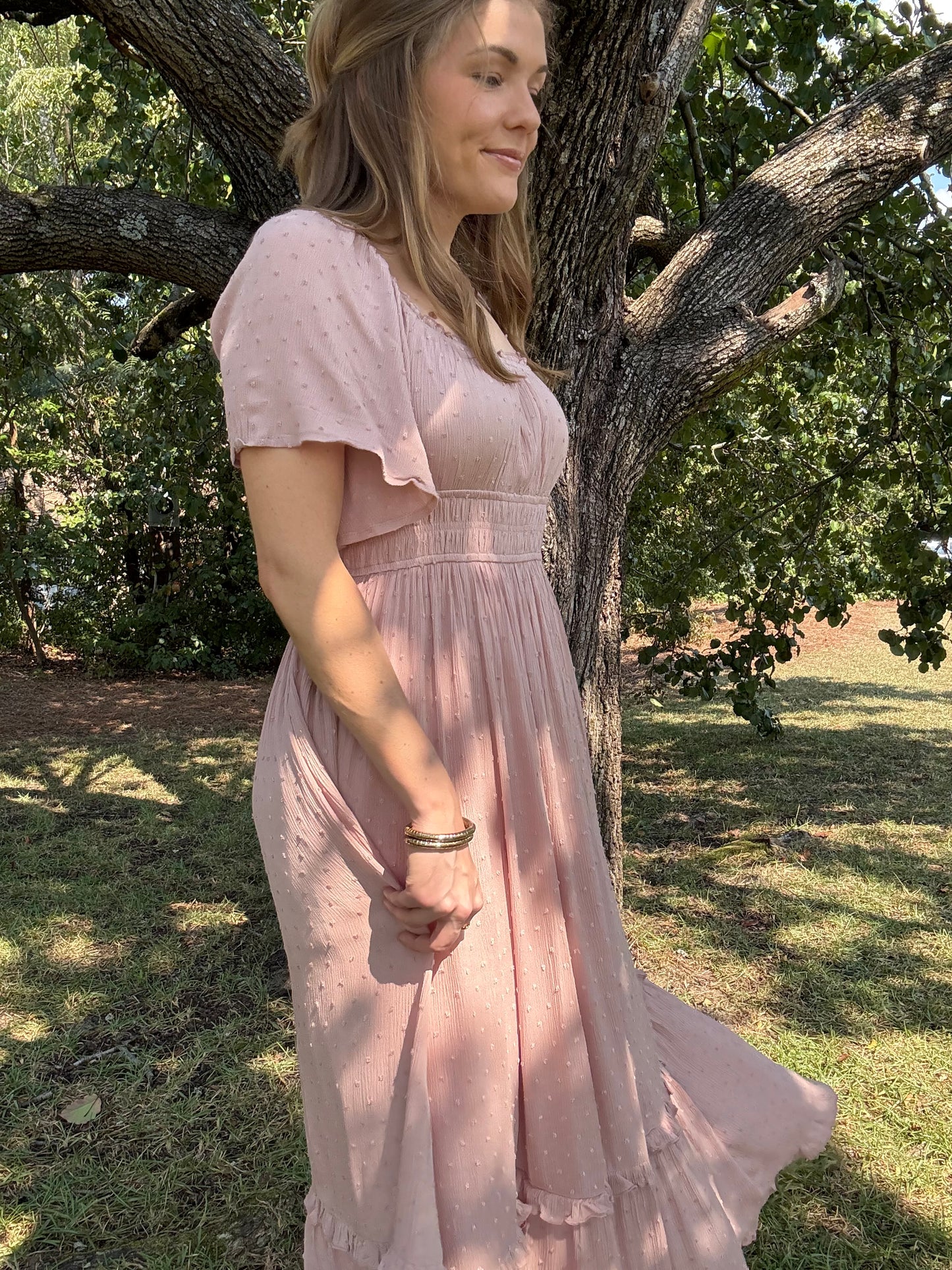 Tea Rose Swiss Dot Maxi Dress