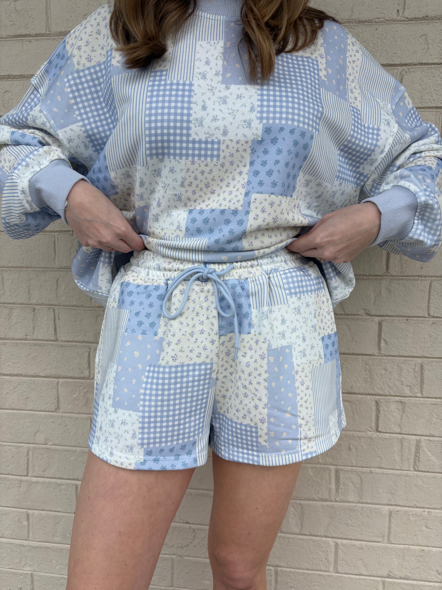 Blue Patchwork Mockneck Matching Set