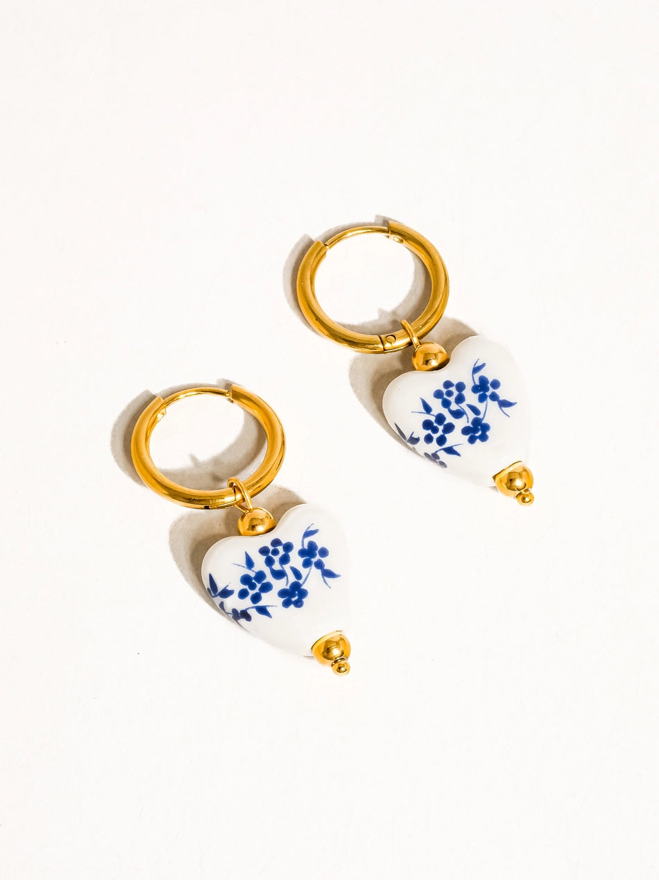 Blue and White Ceramic Heart Earring
