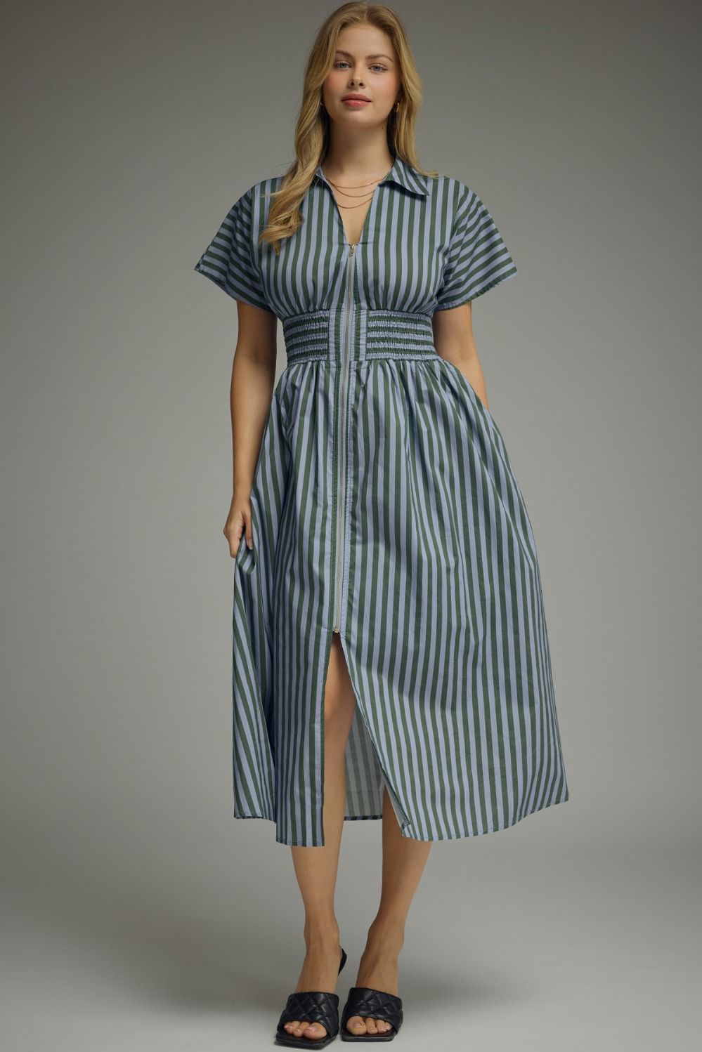 Blue Green Striped Midi Dress