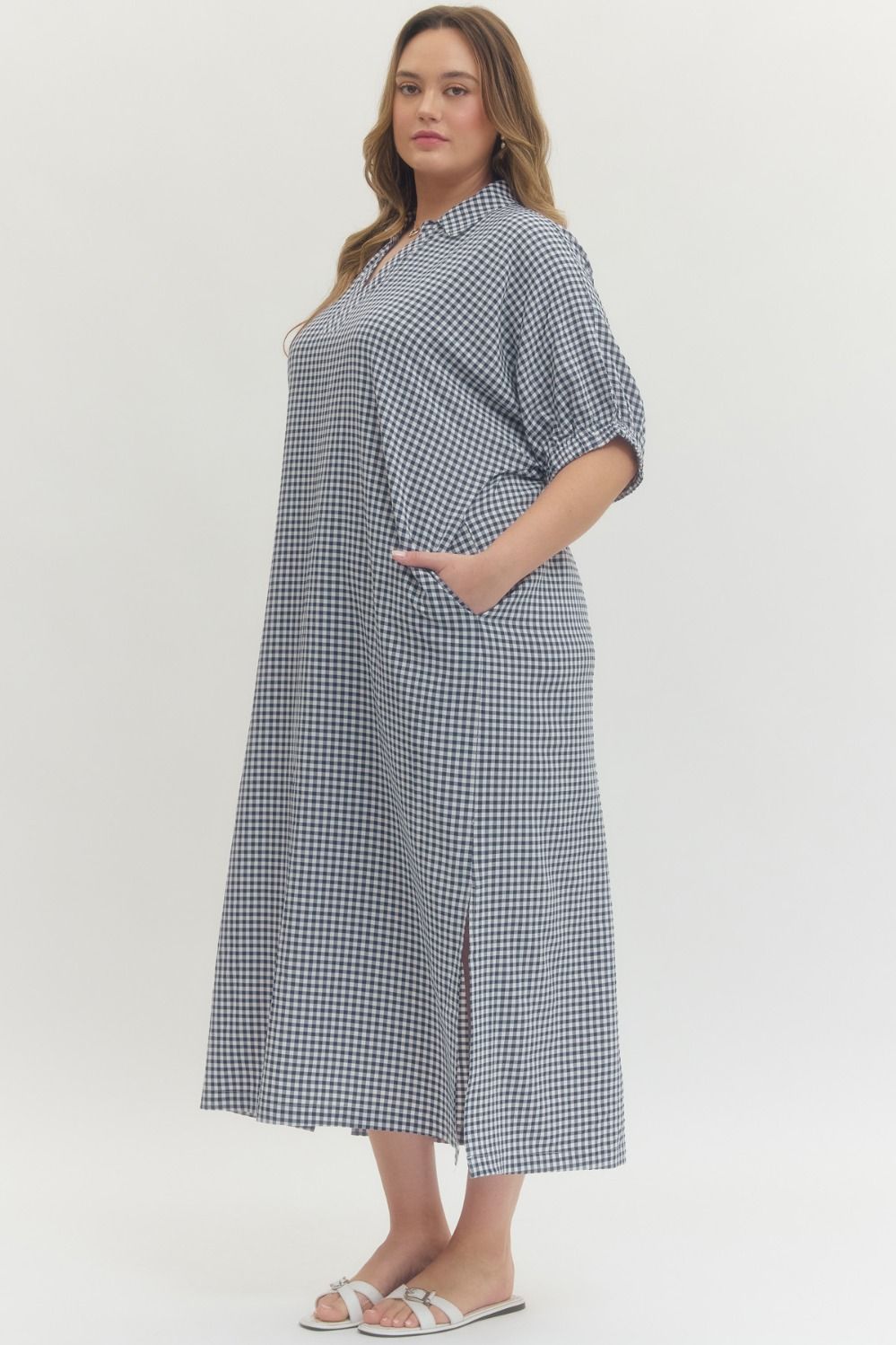 Navy Blue Gingham Midi Dress