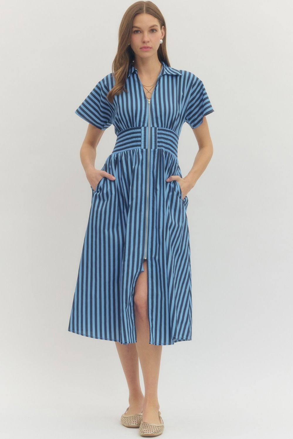 Navy Stripped Zipper Midi Dress