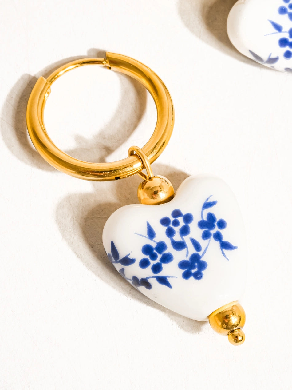 Blue and White Ceramic Heart Earring