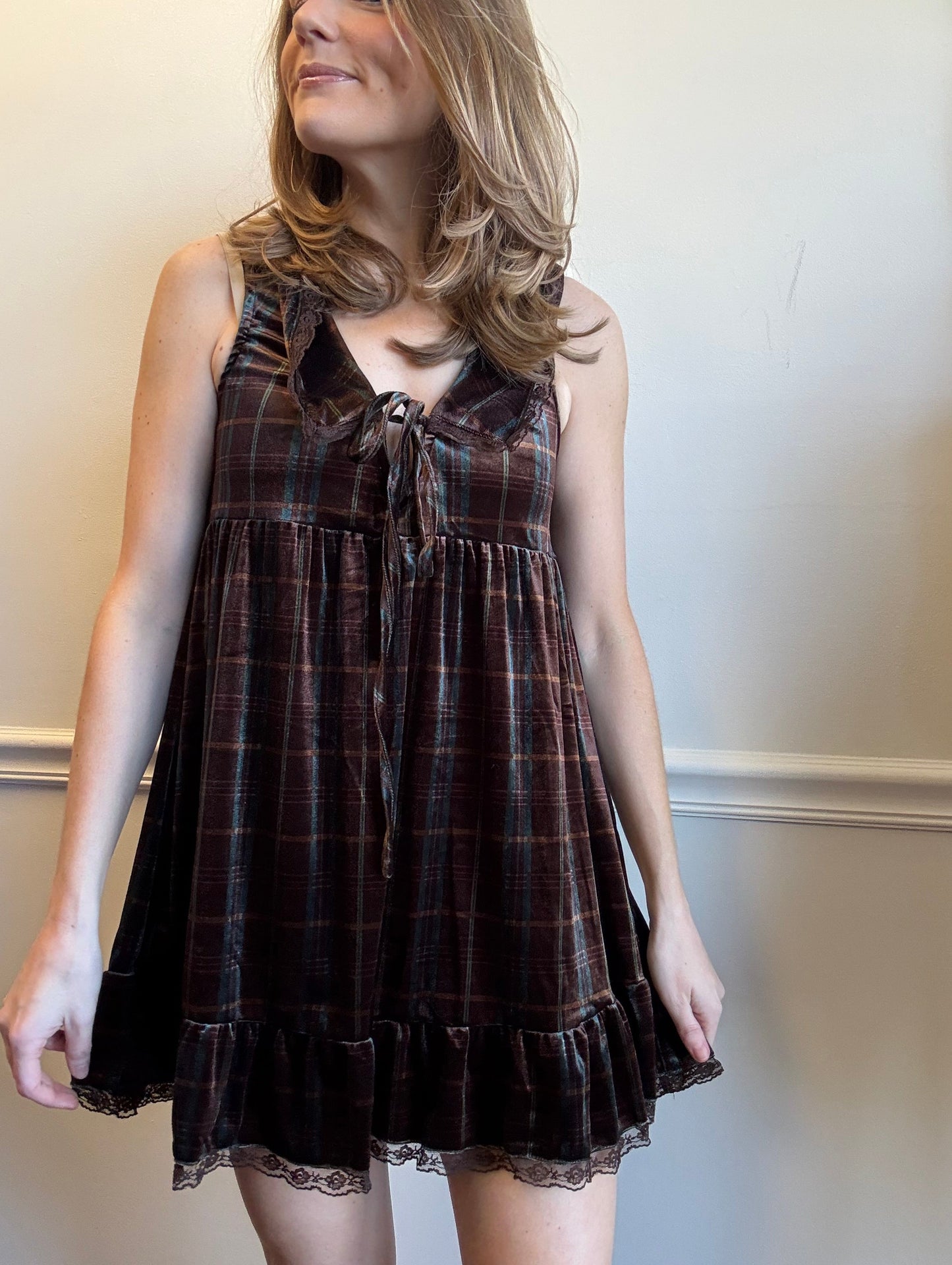 Brown Velvet Plaid Mini Dress