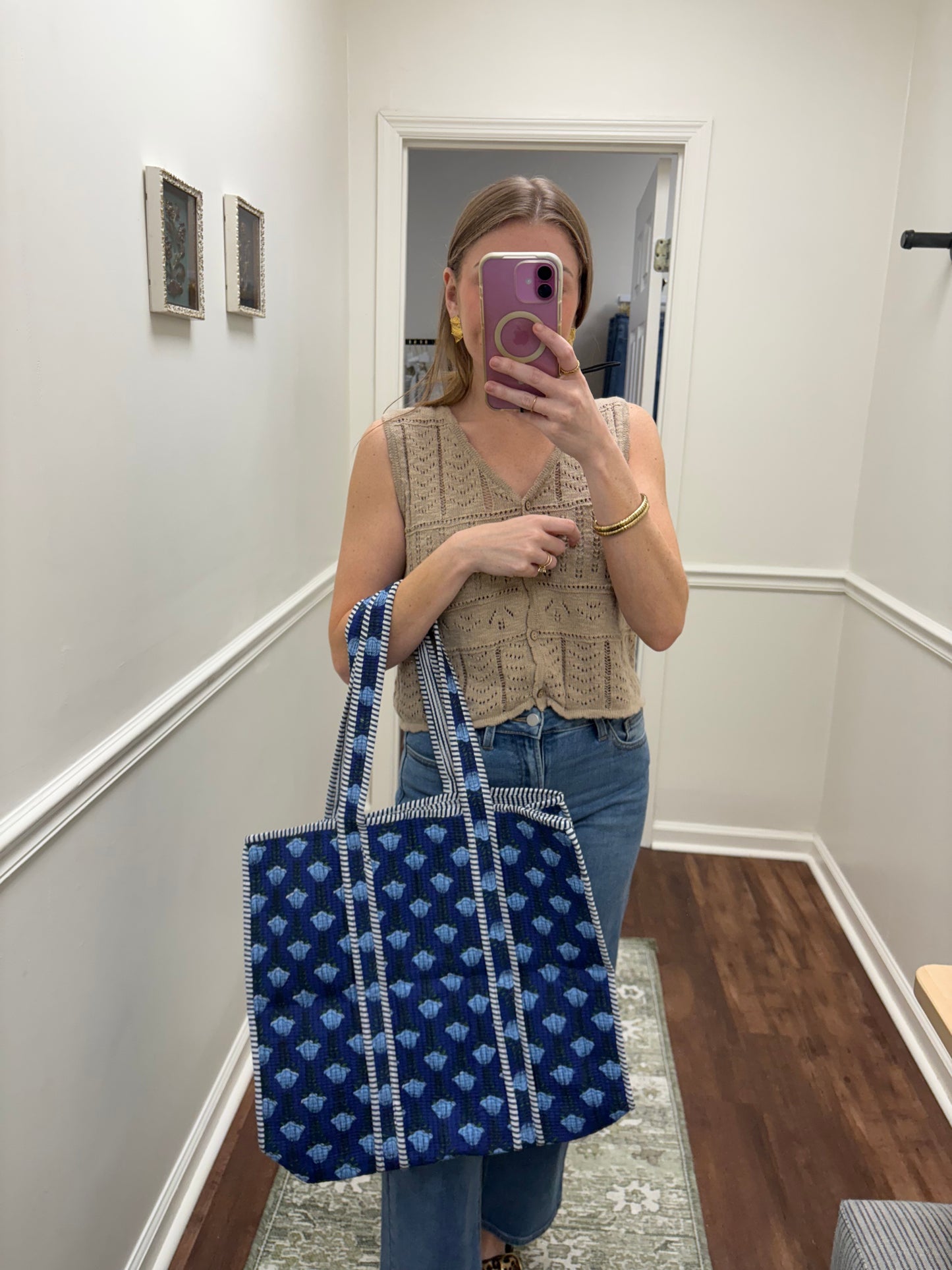 Blue Floral Quilted Large Bag