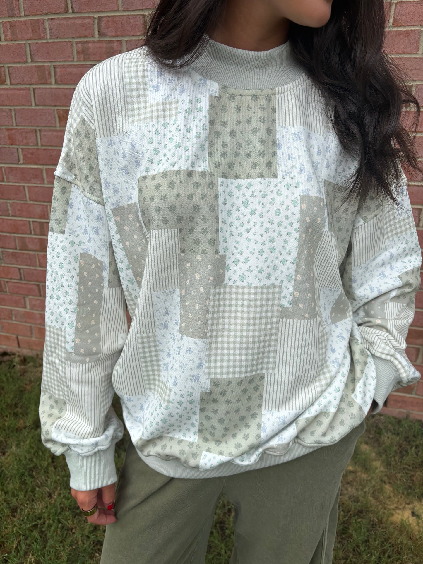 Sage Patchwork Mockneck Pullover