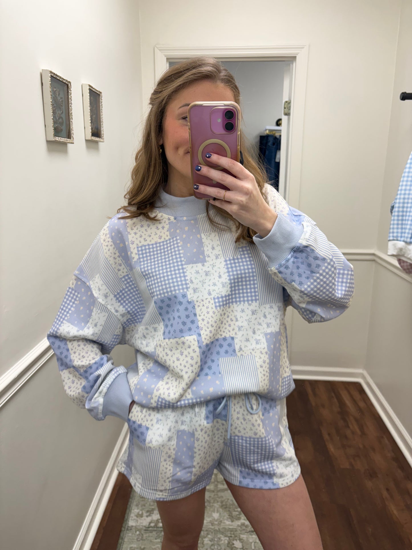 Blue Patchwork Mockneck Matching Set