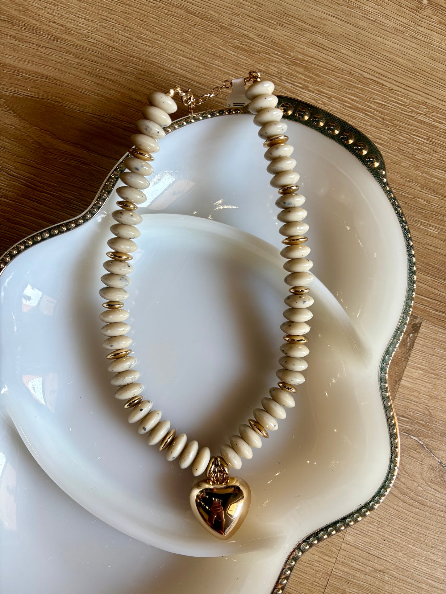 Taupe Beaded Heart Necklace