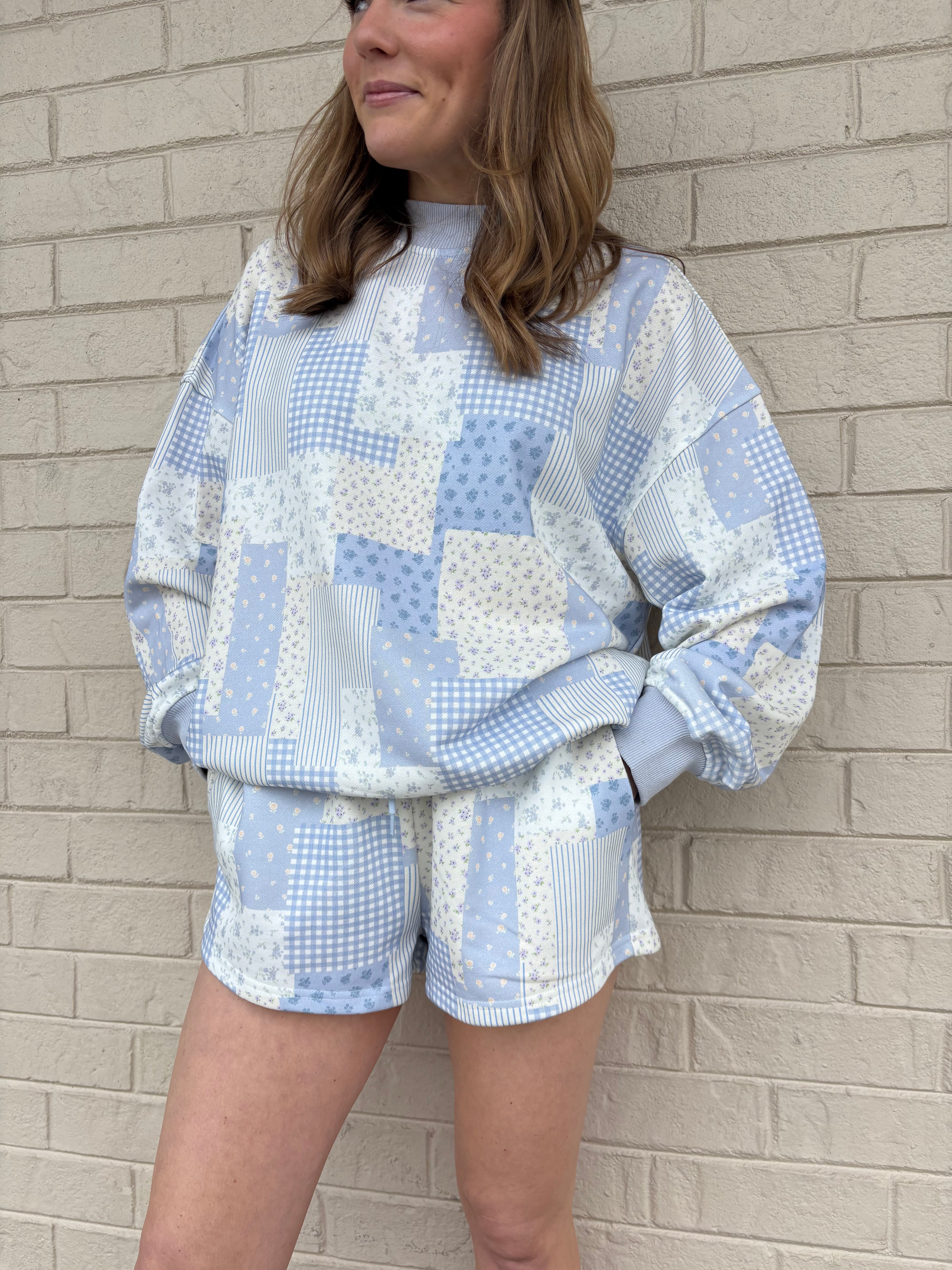 Blue Patchwork Mockneck Matching Set – forevermore boutique