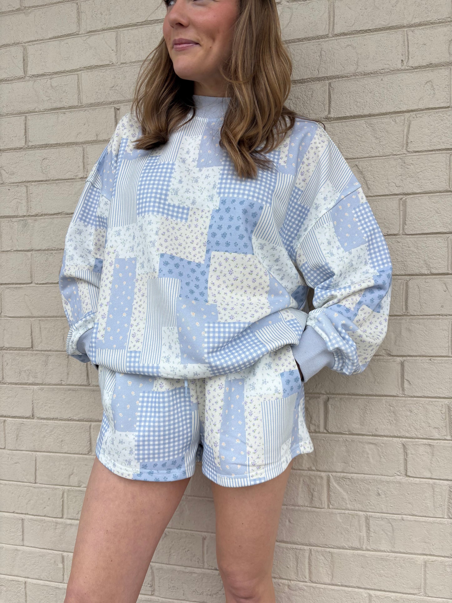 Blue Patchwork Mockneck Matching Set