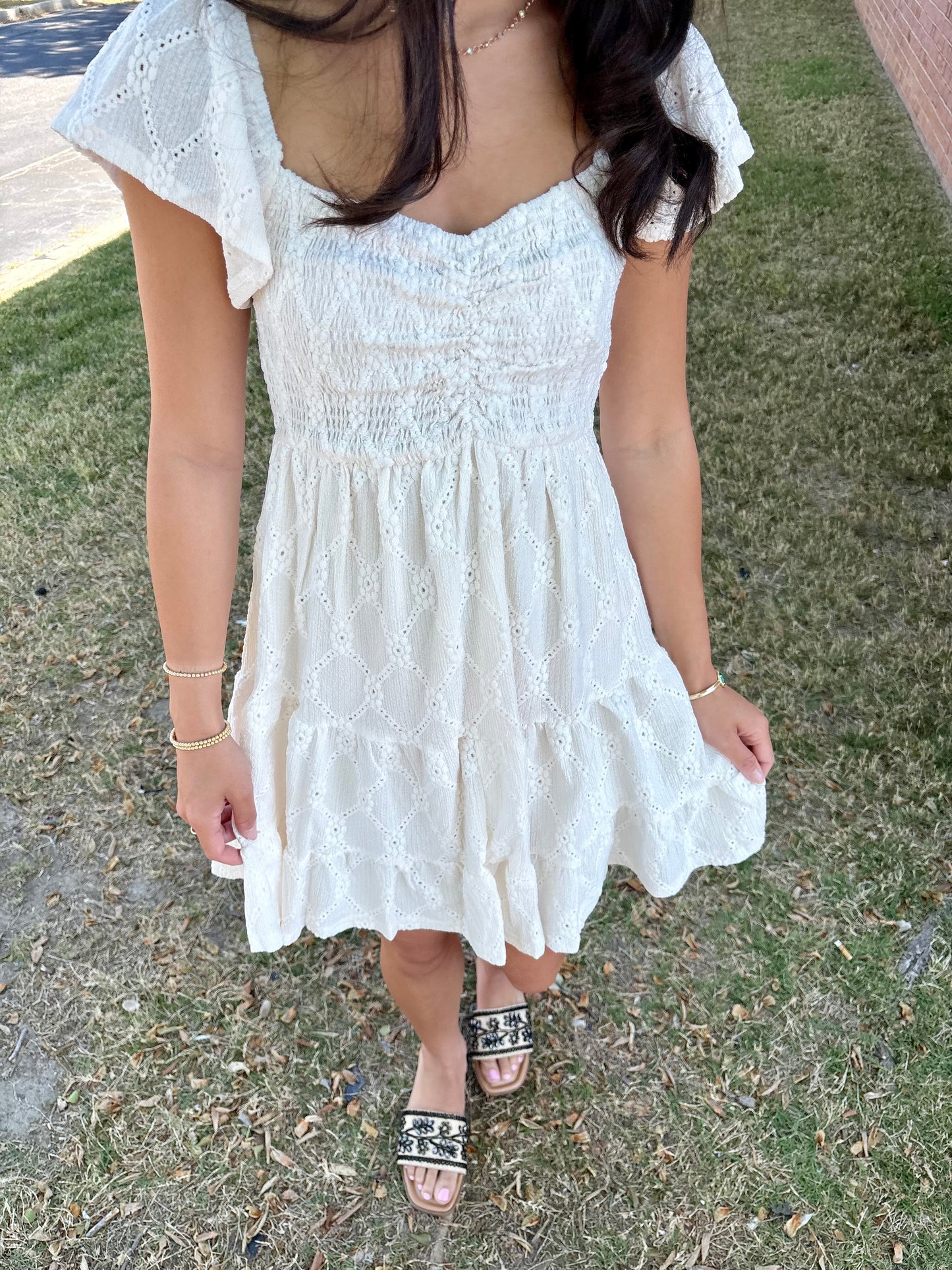 Eyelet Flutter Sleeve Dress
