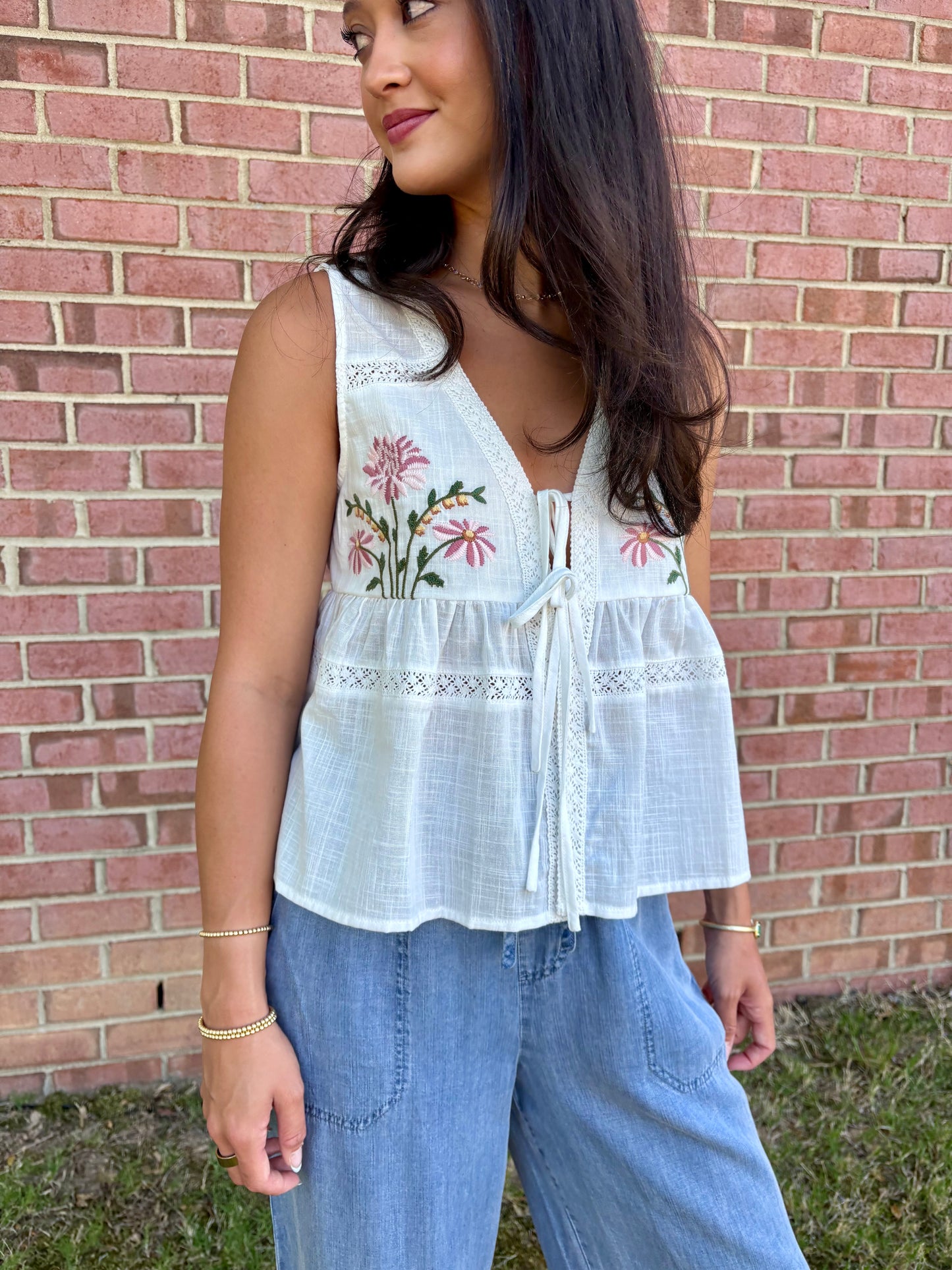 Meadow Embroidered Floral Tie-Front Vest