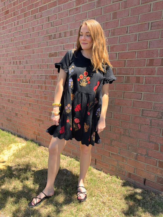 Macie Black Floral Embroidered Dress