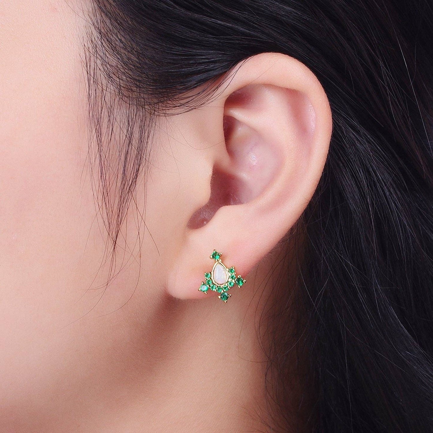 14K Gold Filled Teardrop White Opal Green Stud Earrings