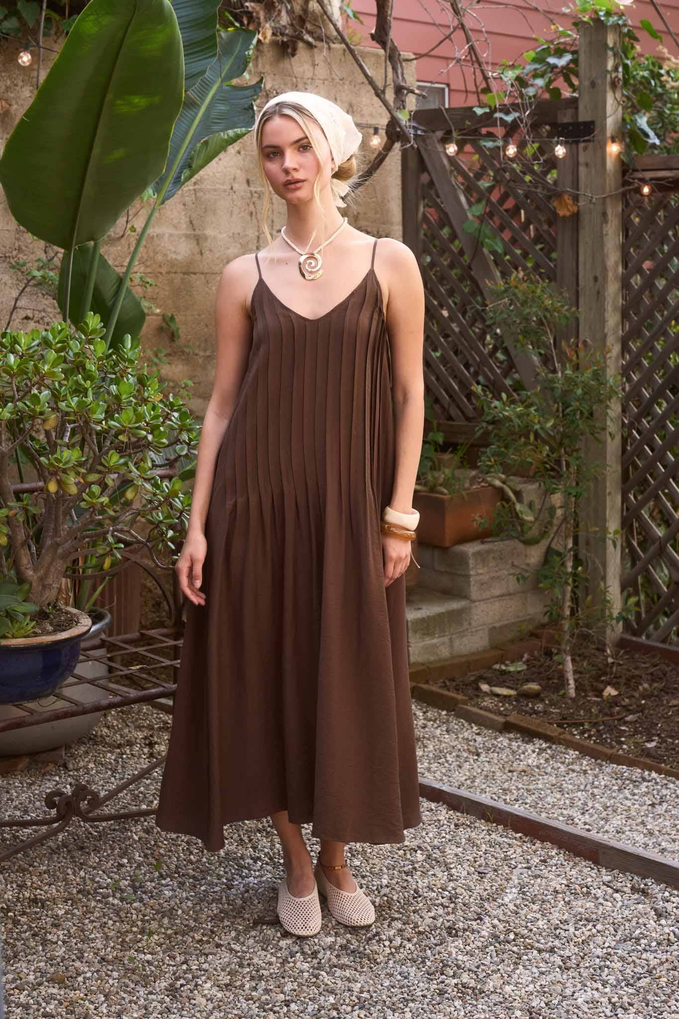 Isla Brown Pleated Maxi Dress