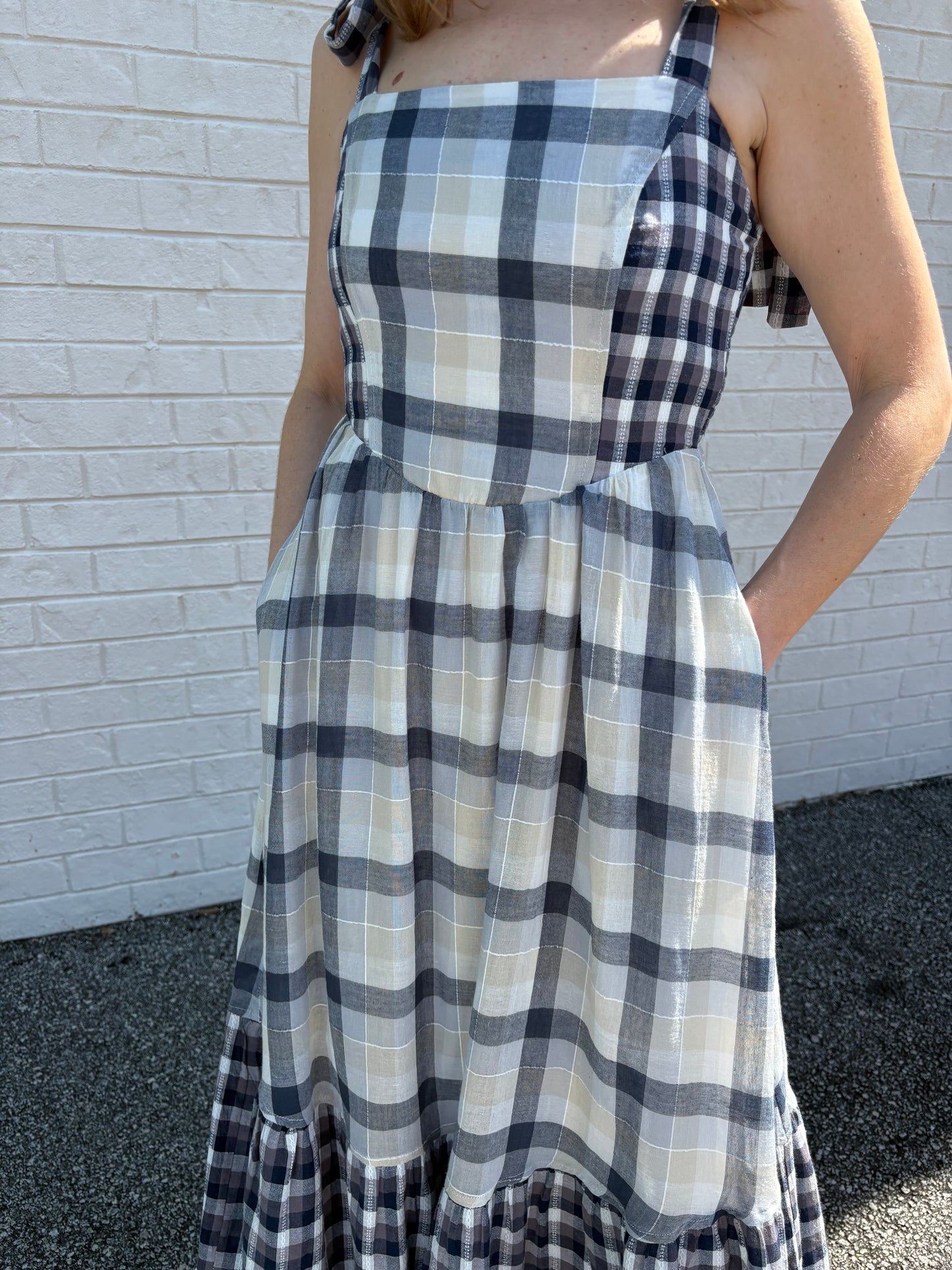 Navy Gingham Tiered Maxi Dress