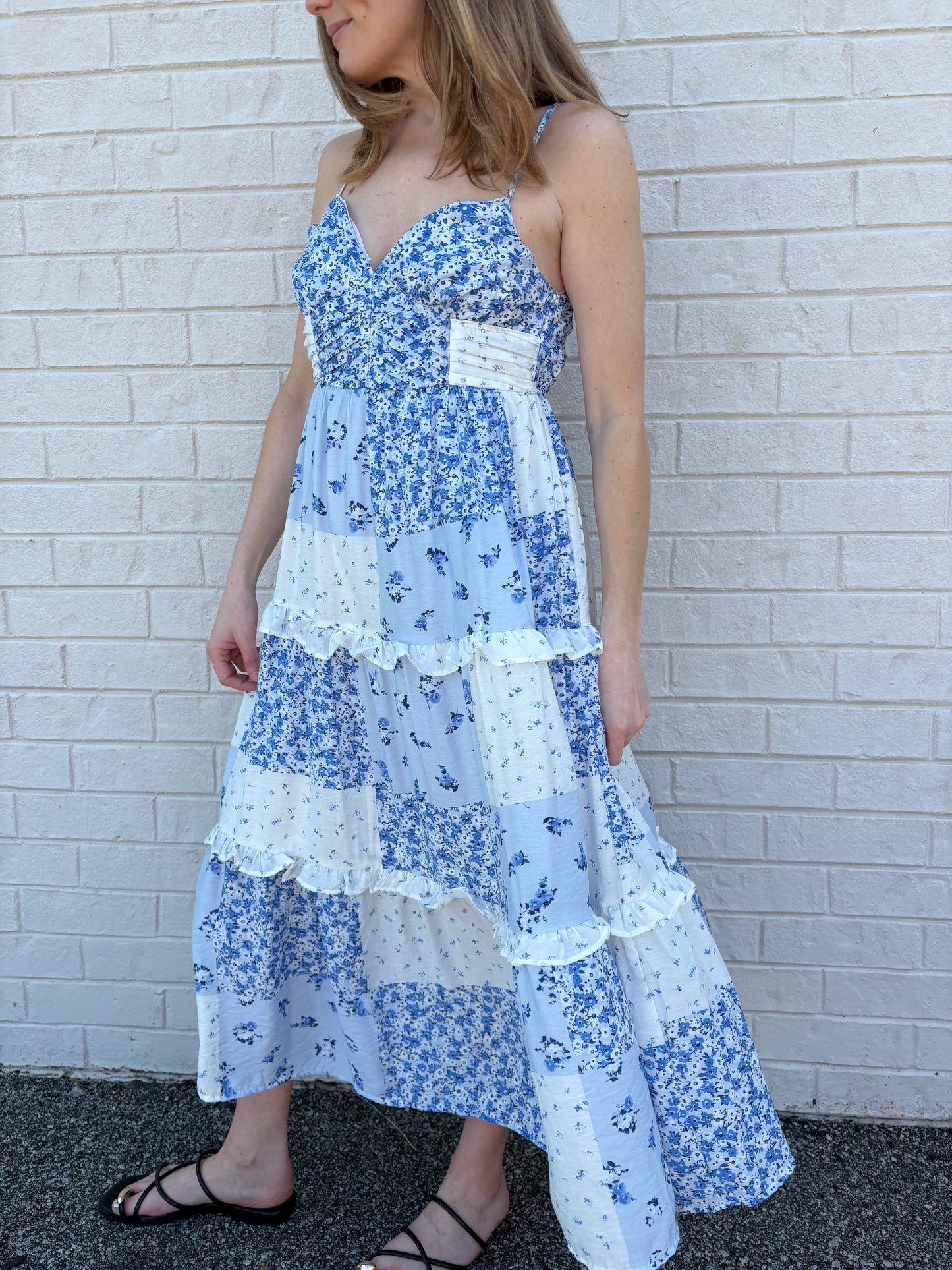 Blue Patchwork Midi Dress