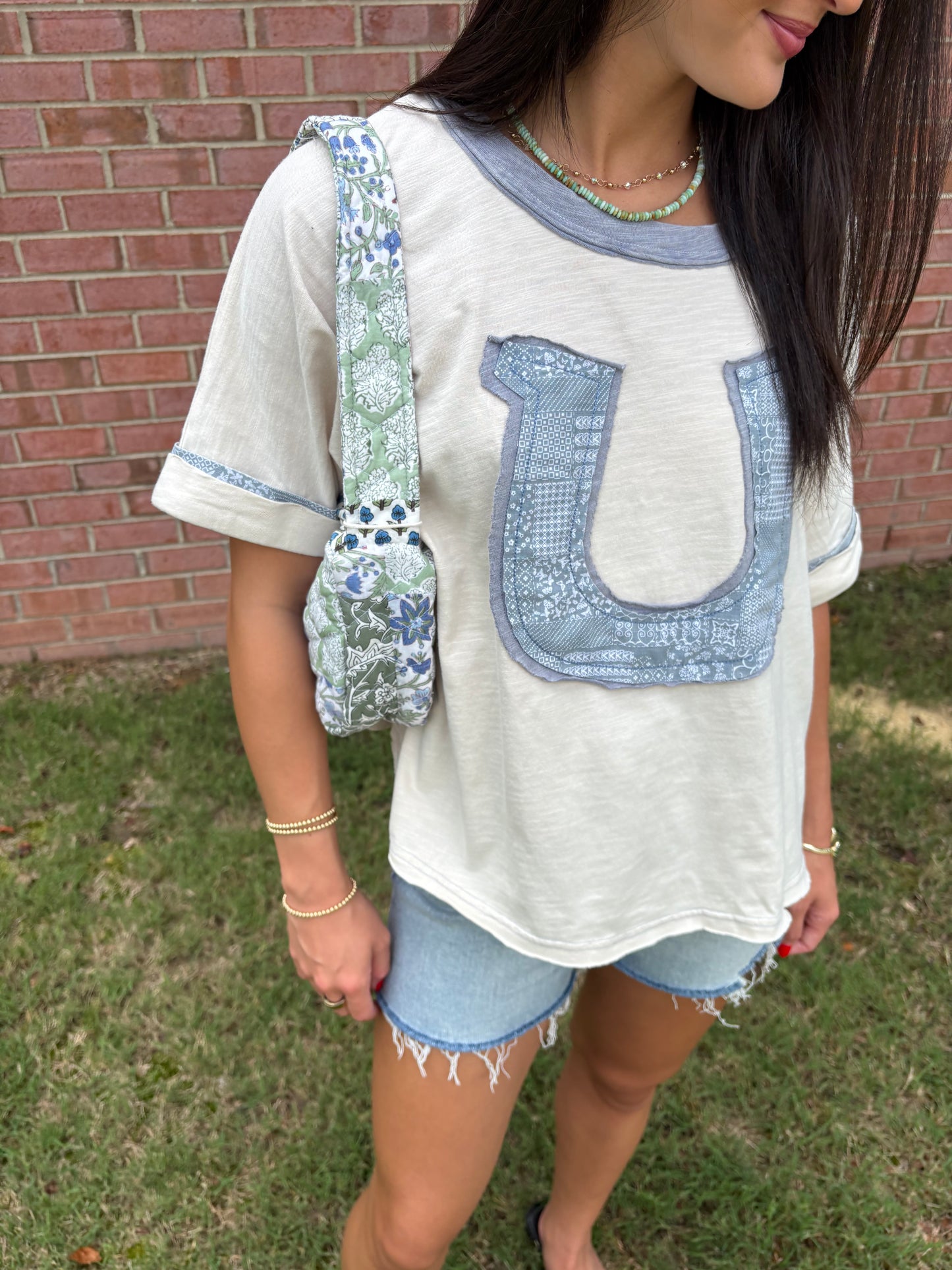 Blue Horseshoe Patchwork Blouse