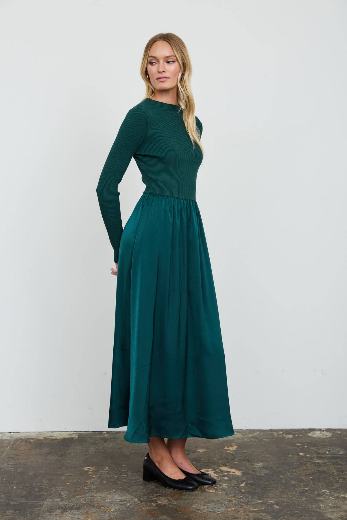 Emerald Satin Twofer Midi Dress