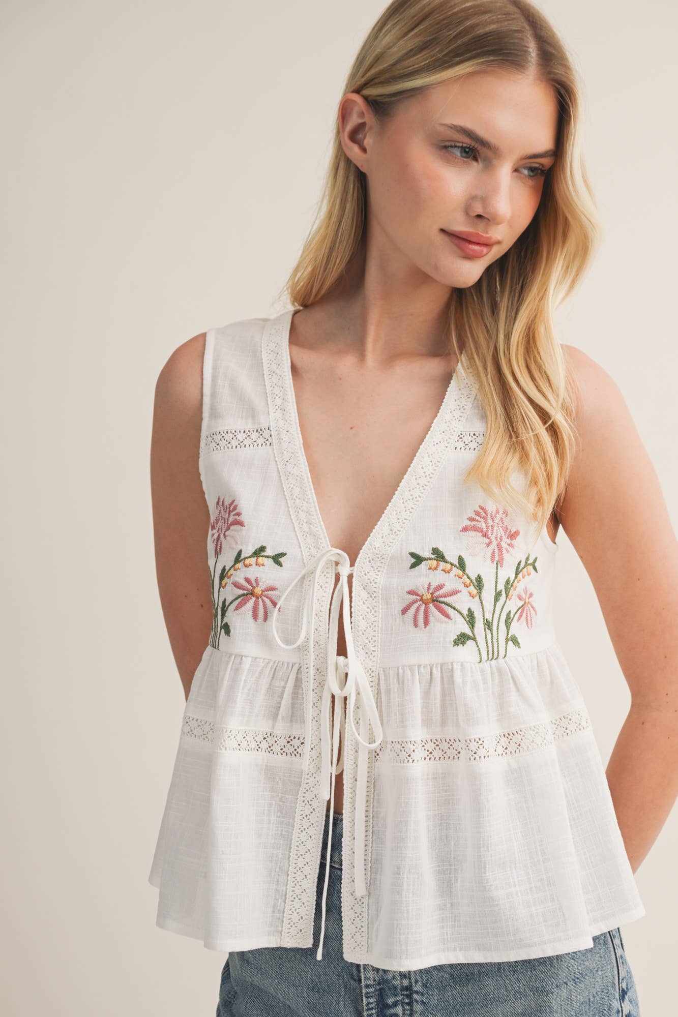 Meadow Embroidered Floral Tie-Front Vest