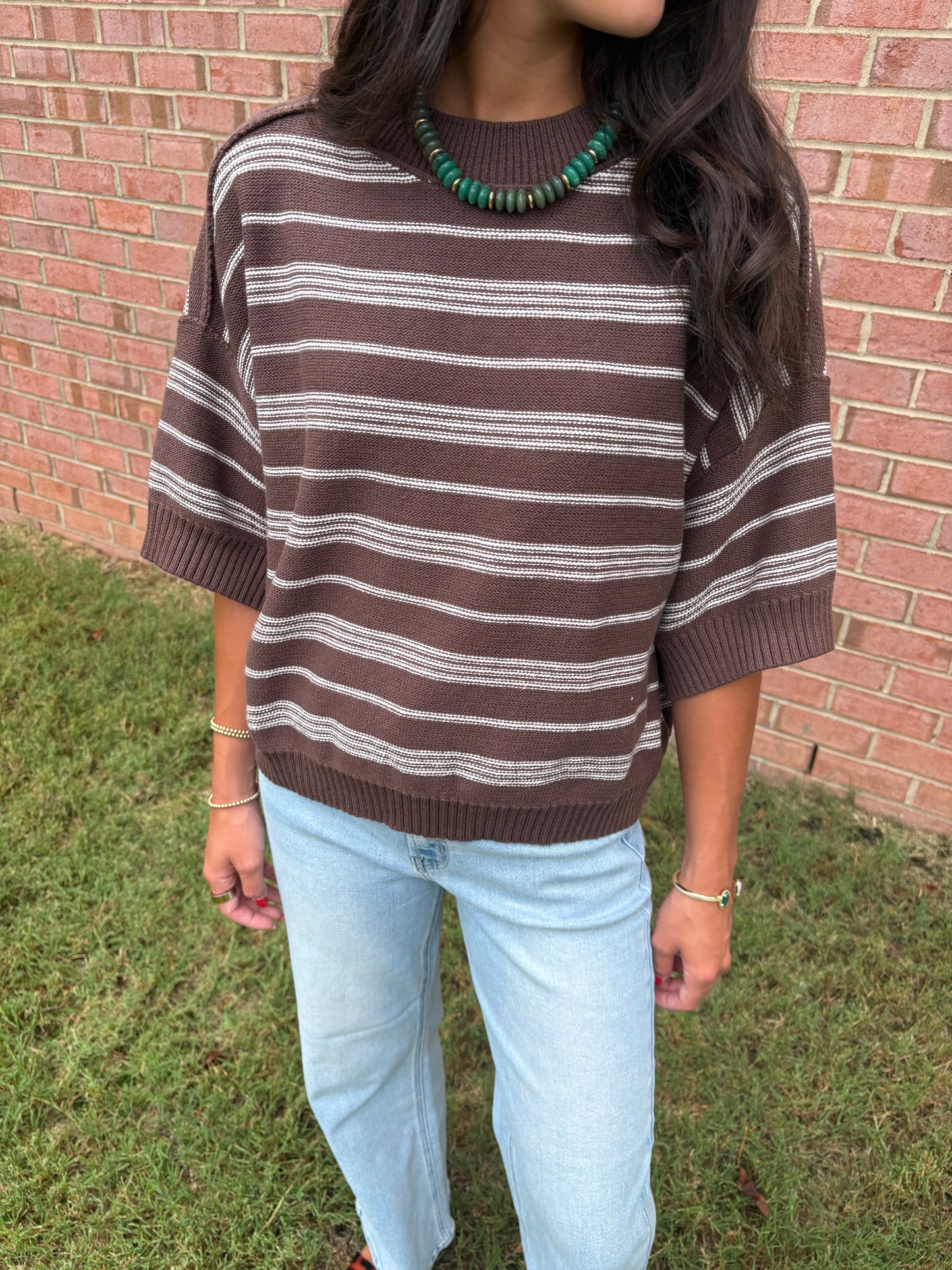 Brown Striped Short Sleeve Sweater