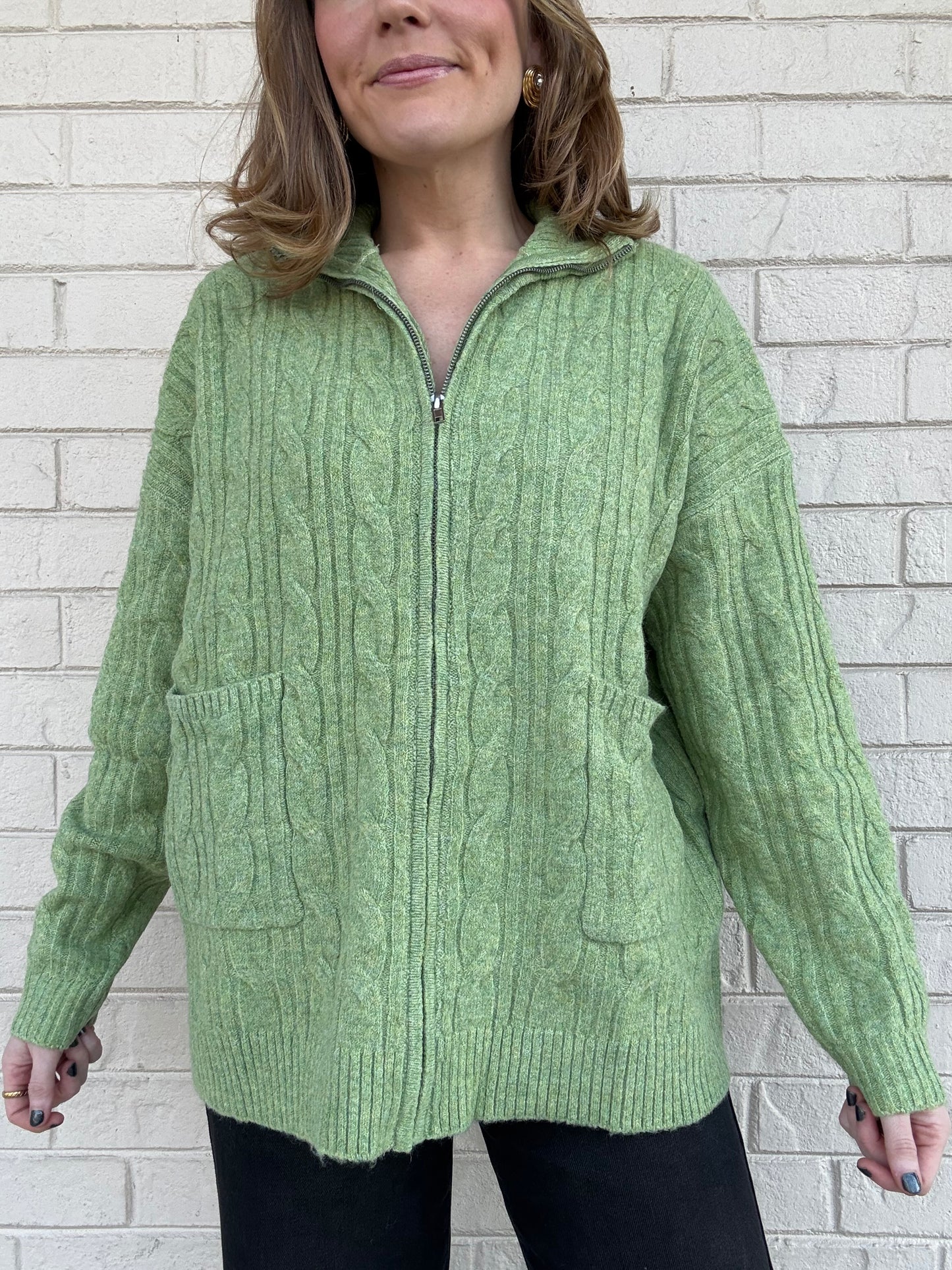 Green Zipper Cable Cardigan