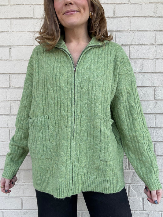 Green Zipper Cable Cardigan
