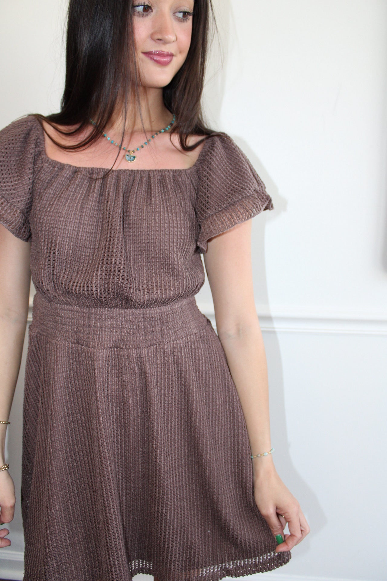brown crochet mini dress Long-Sleeve Crochet-Style Mini Dress