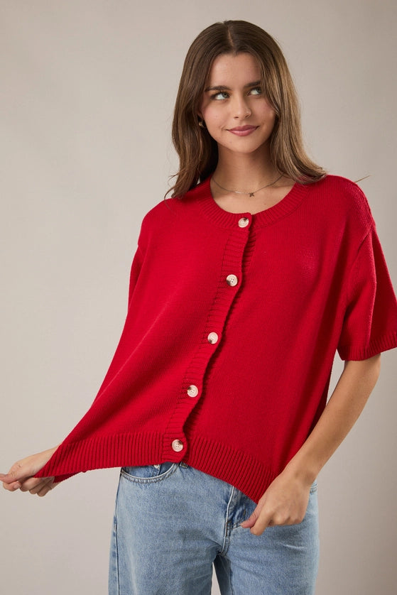 Red Short Sleeve Cardigan