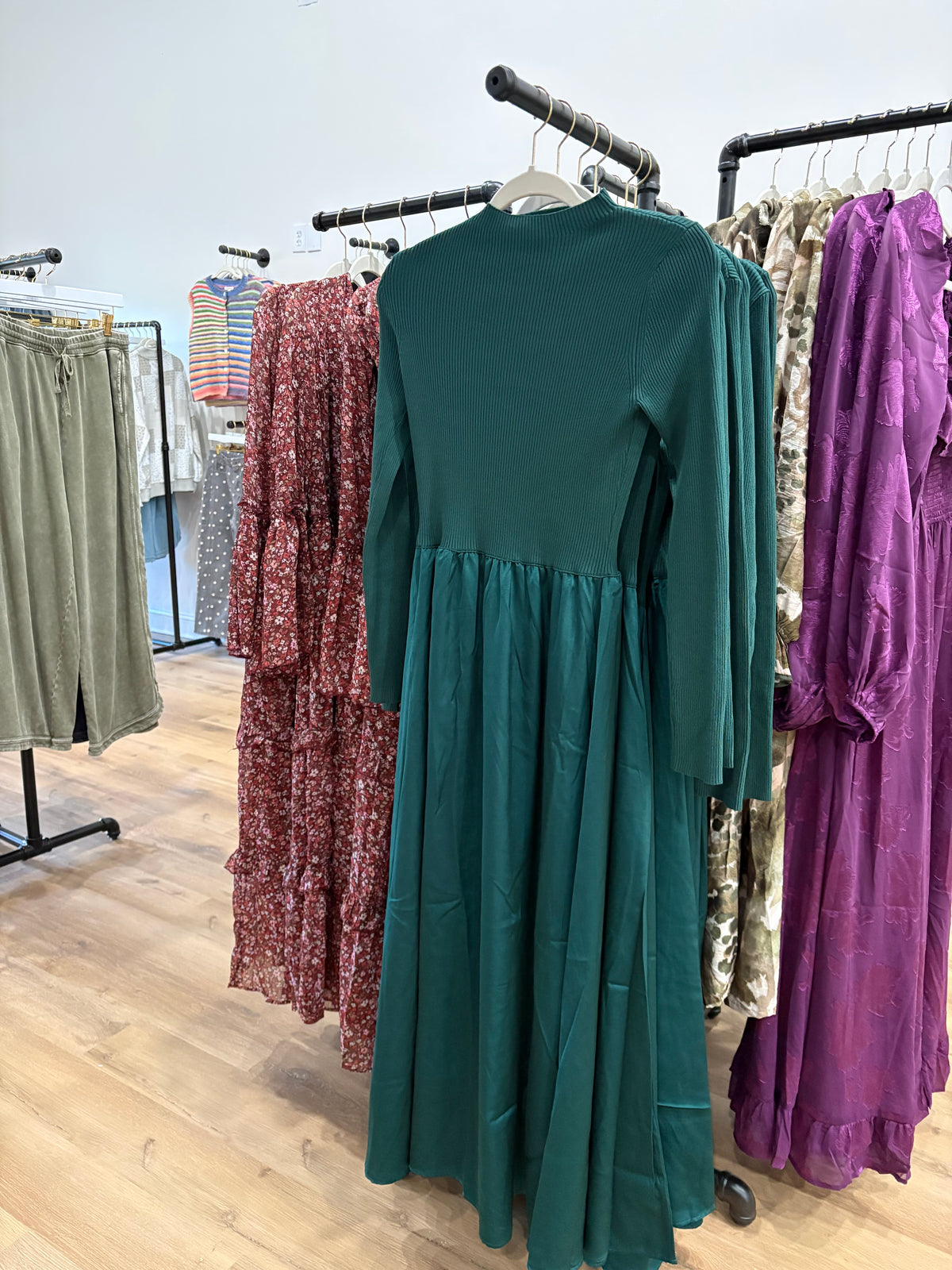 Emerald Satin Twofer Midi Dress