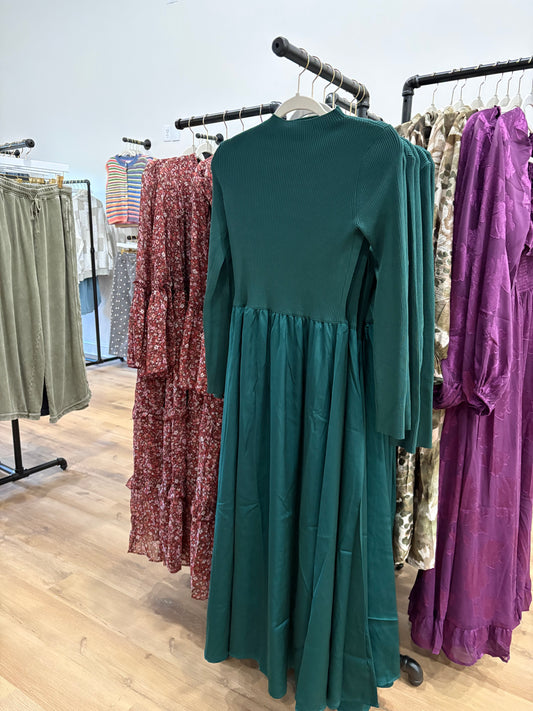 Emerald Satin Twofer Midi Dress