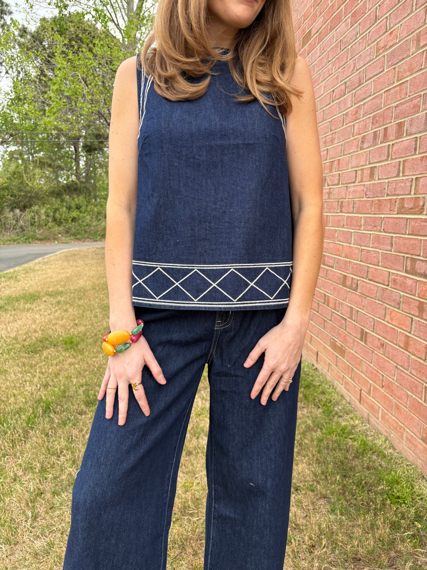 Embroidered Denim Tank & Pants Set