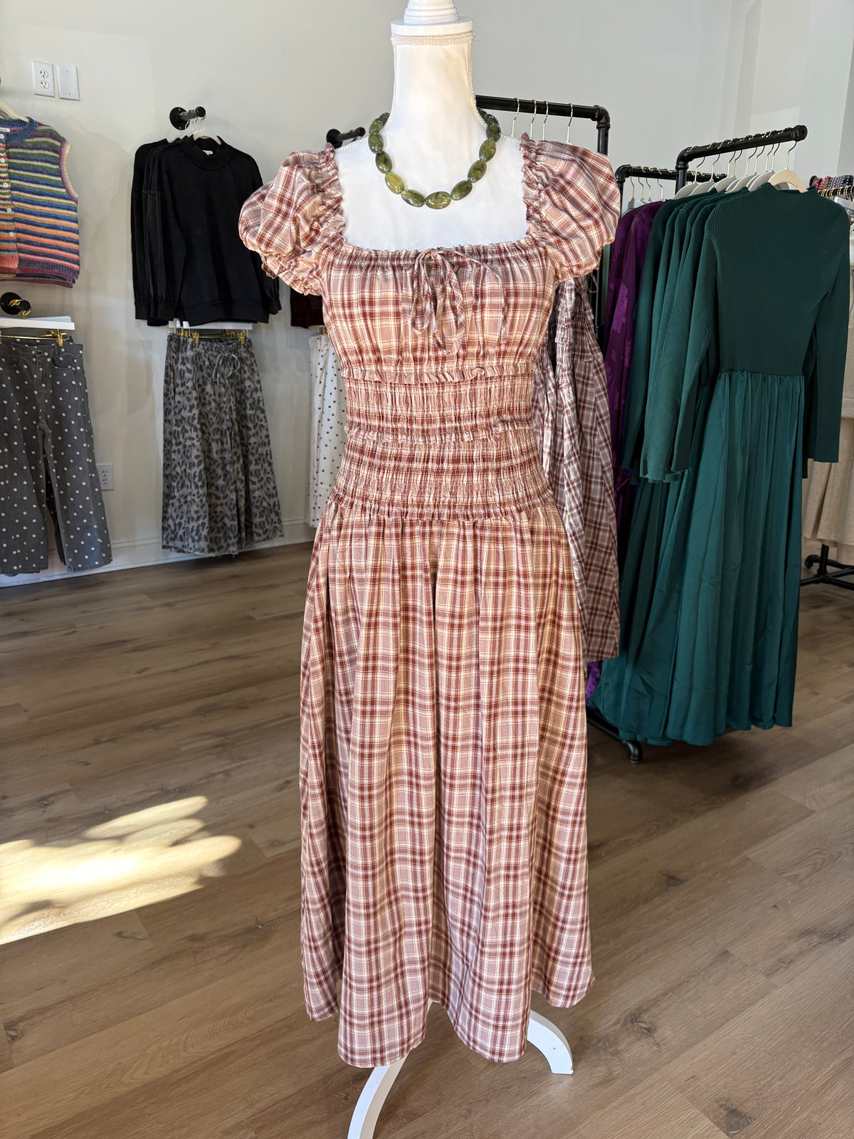 Burgundy Plaid Midi Dress