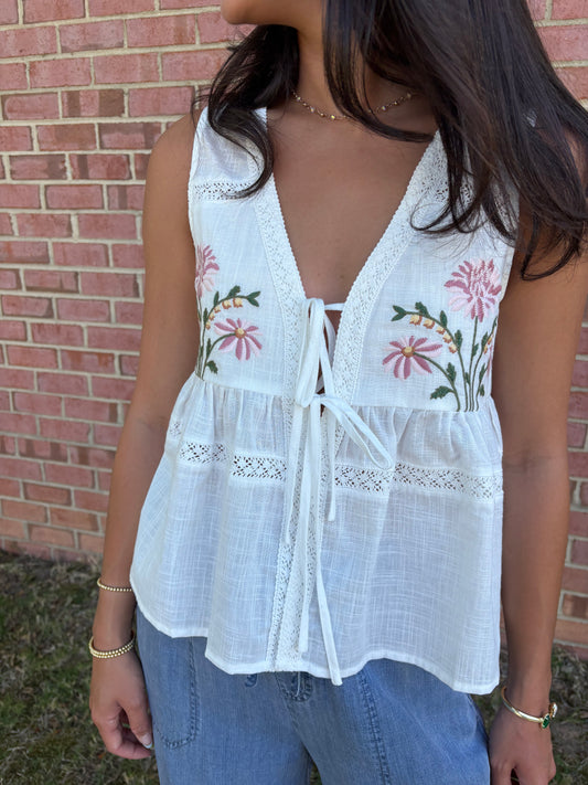 Meadow Embroidered Floral Tie-Front Vest