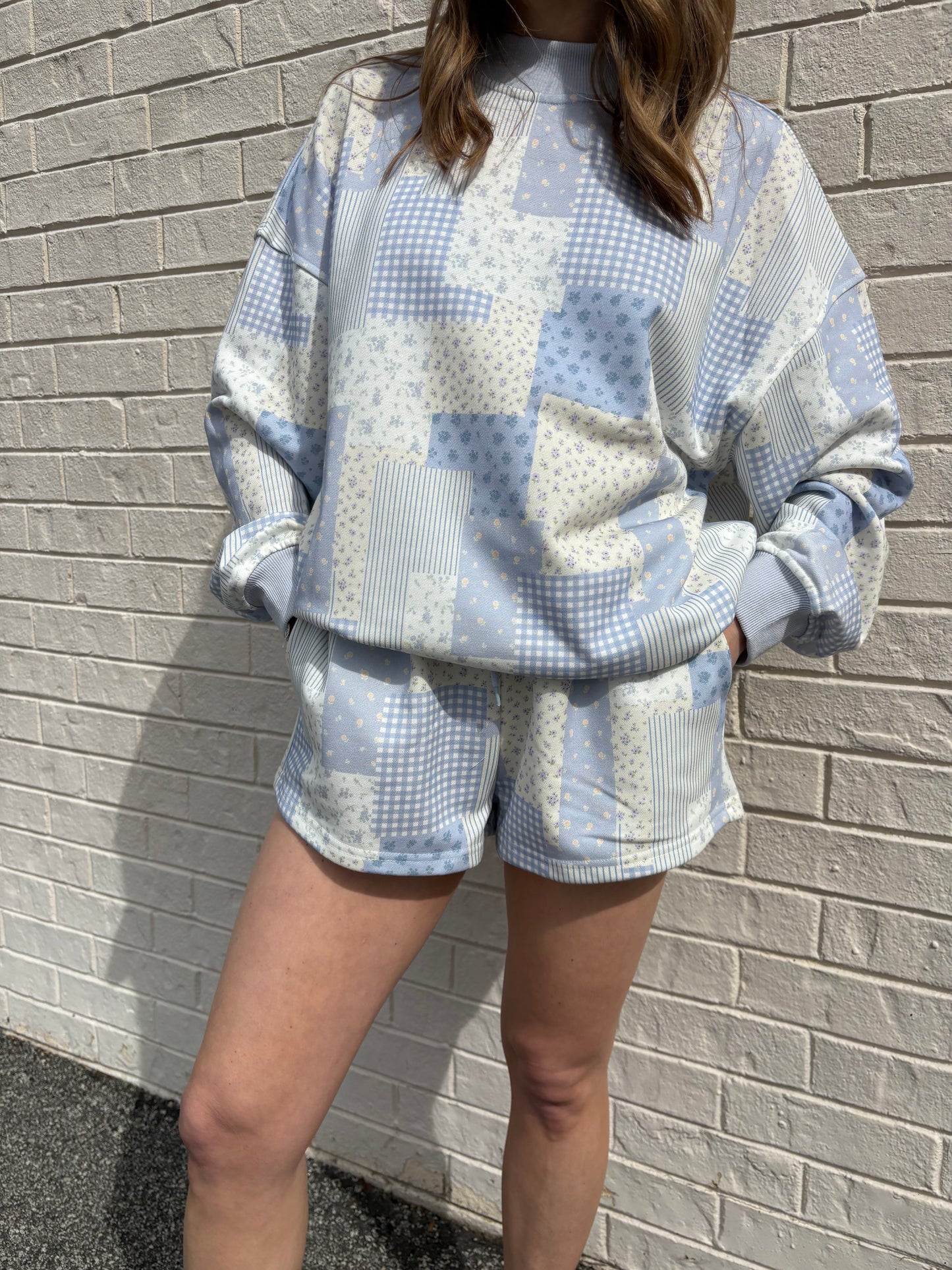 Blue Patchwork Mockneck Matching Set