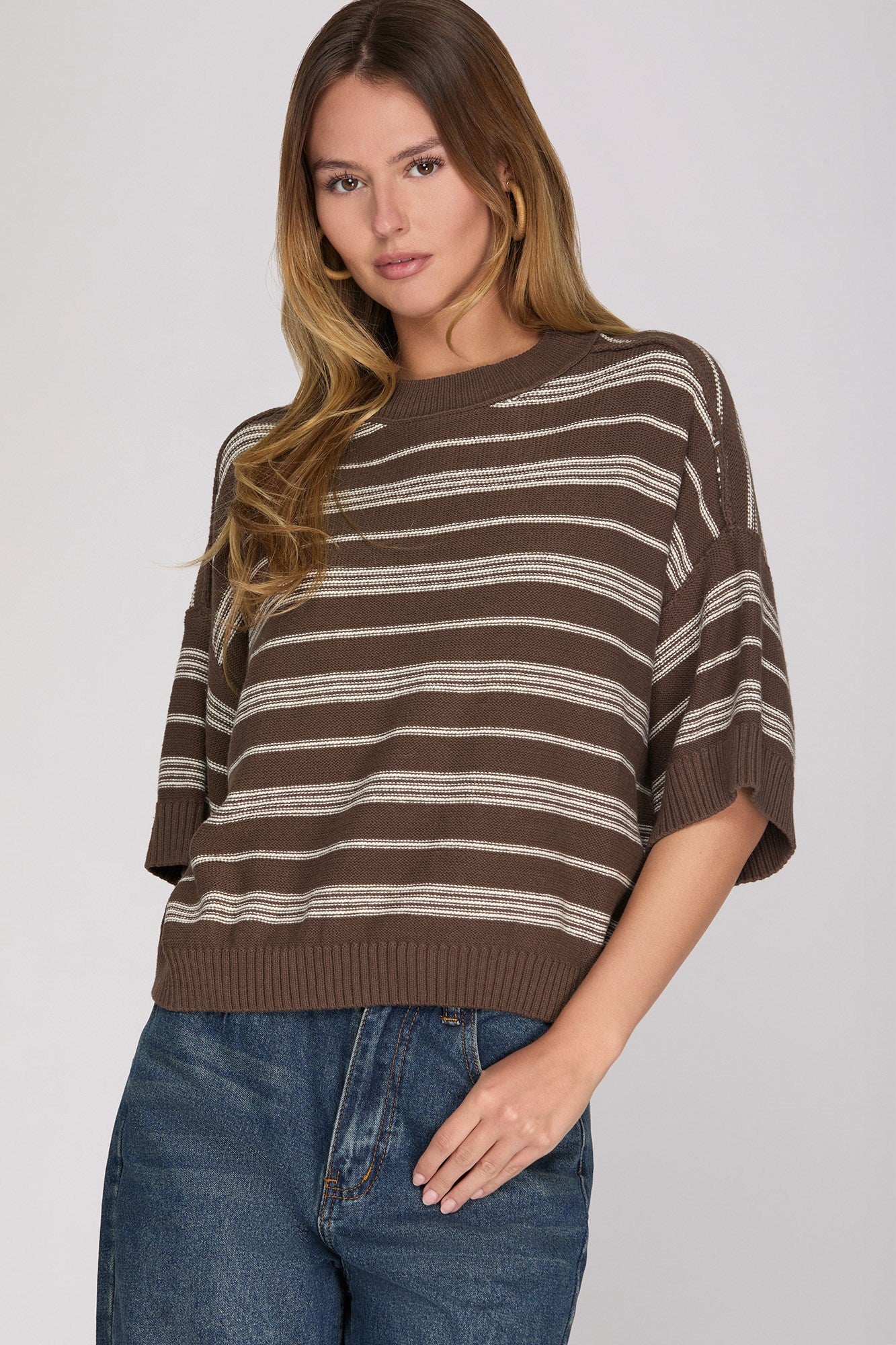 Brown Striped Short Sleeve Sweater