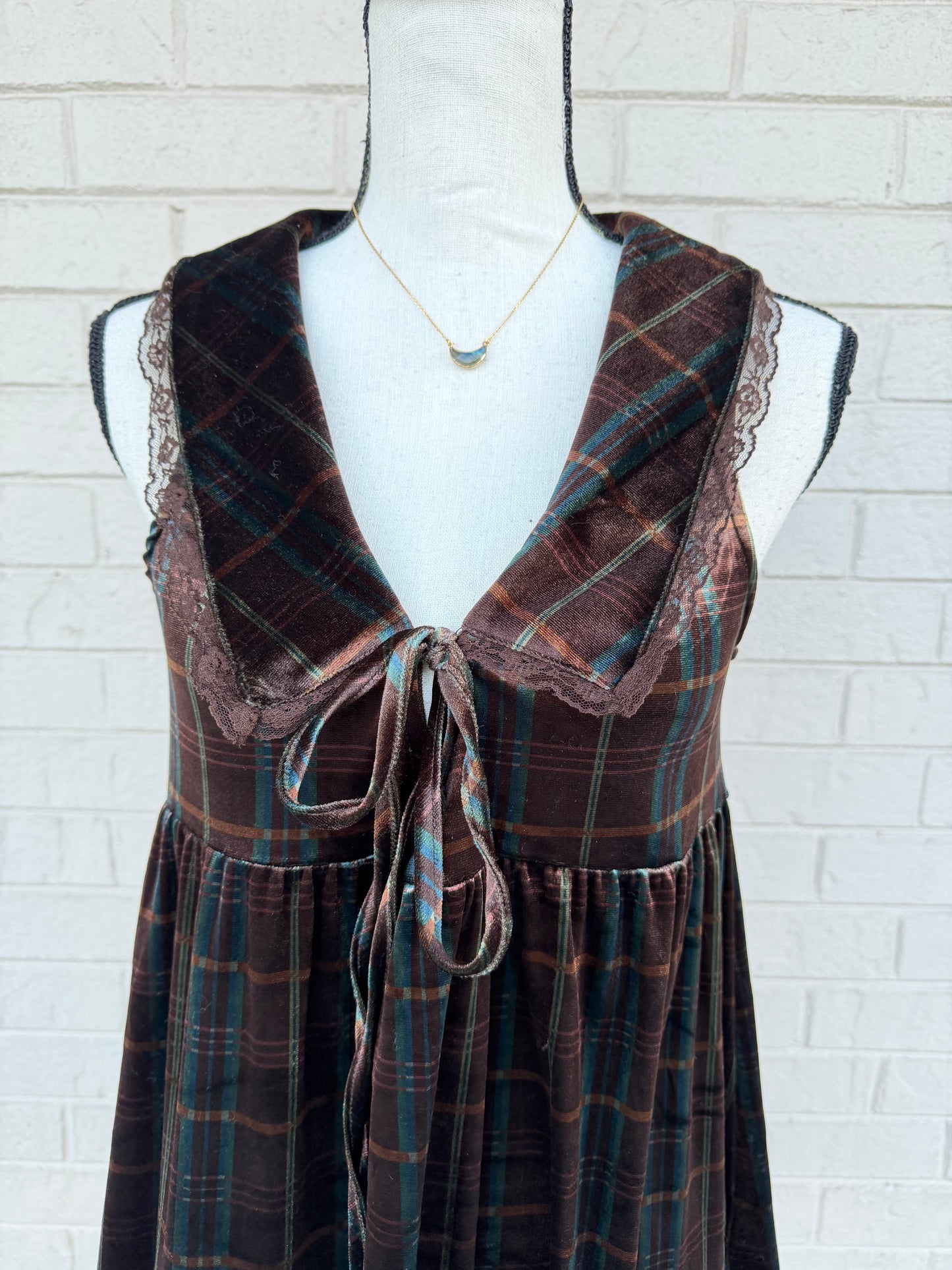 Brown Velvet Plaid Mini Dress