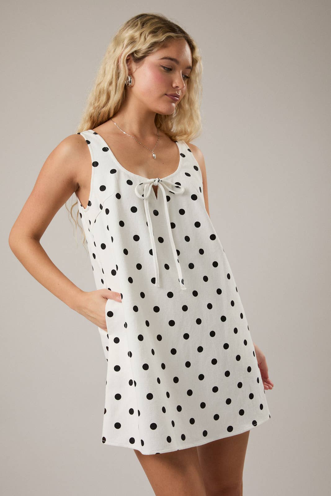 White Polkadot Denim Mini Dress