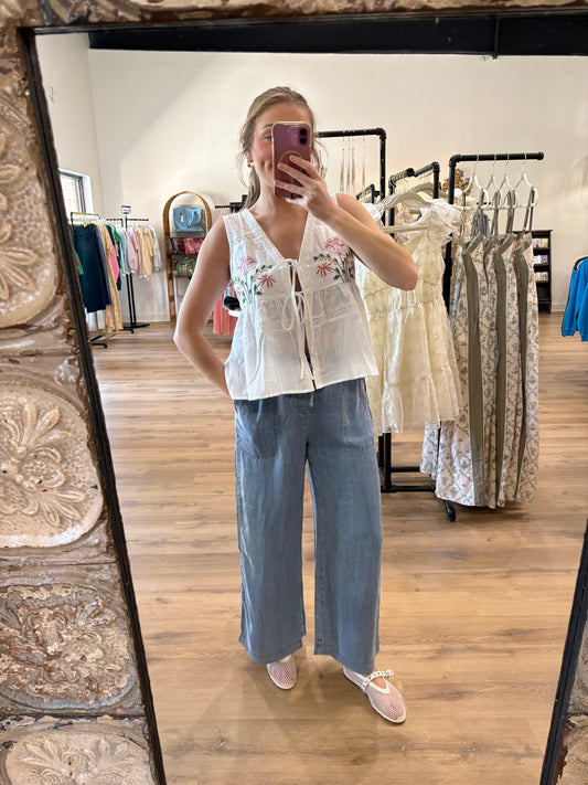 Meadow Embroidered Floral Tie-Front Vest