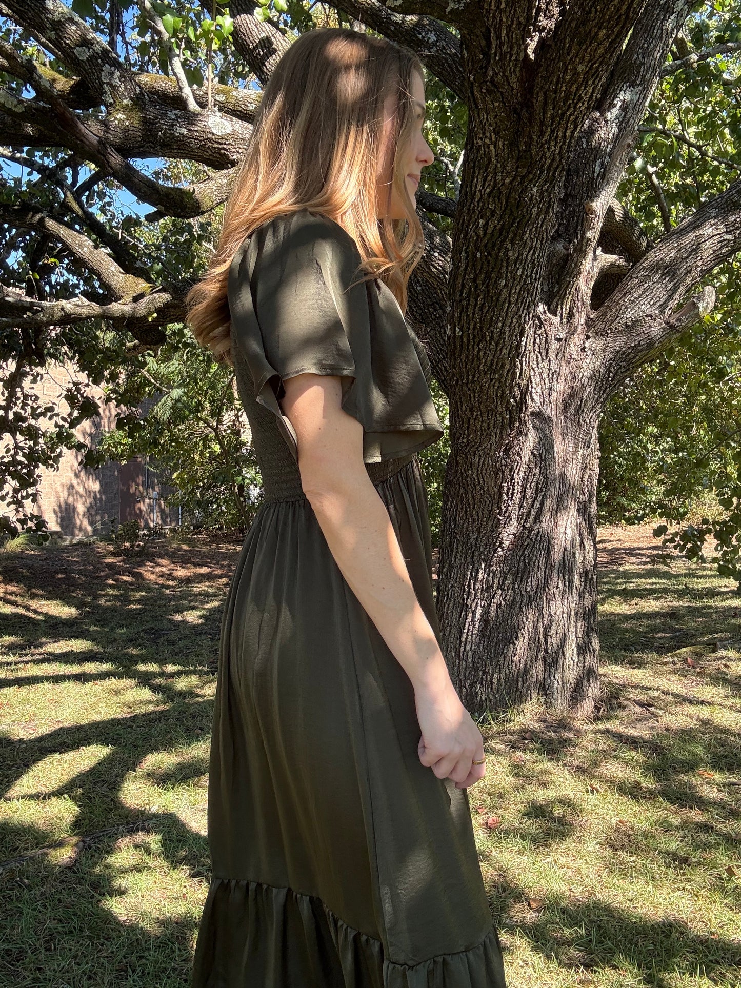 Olive Satin Maxi Dress