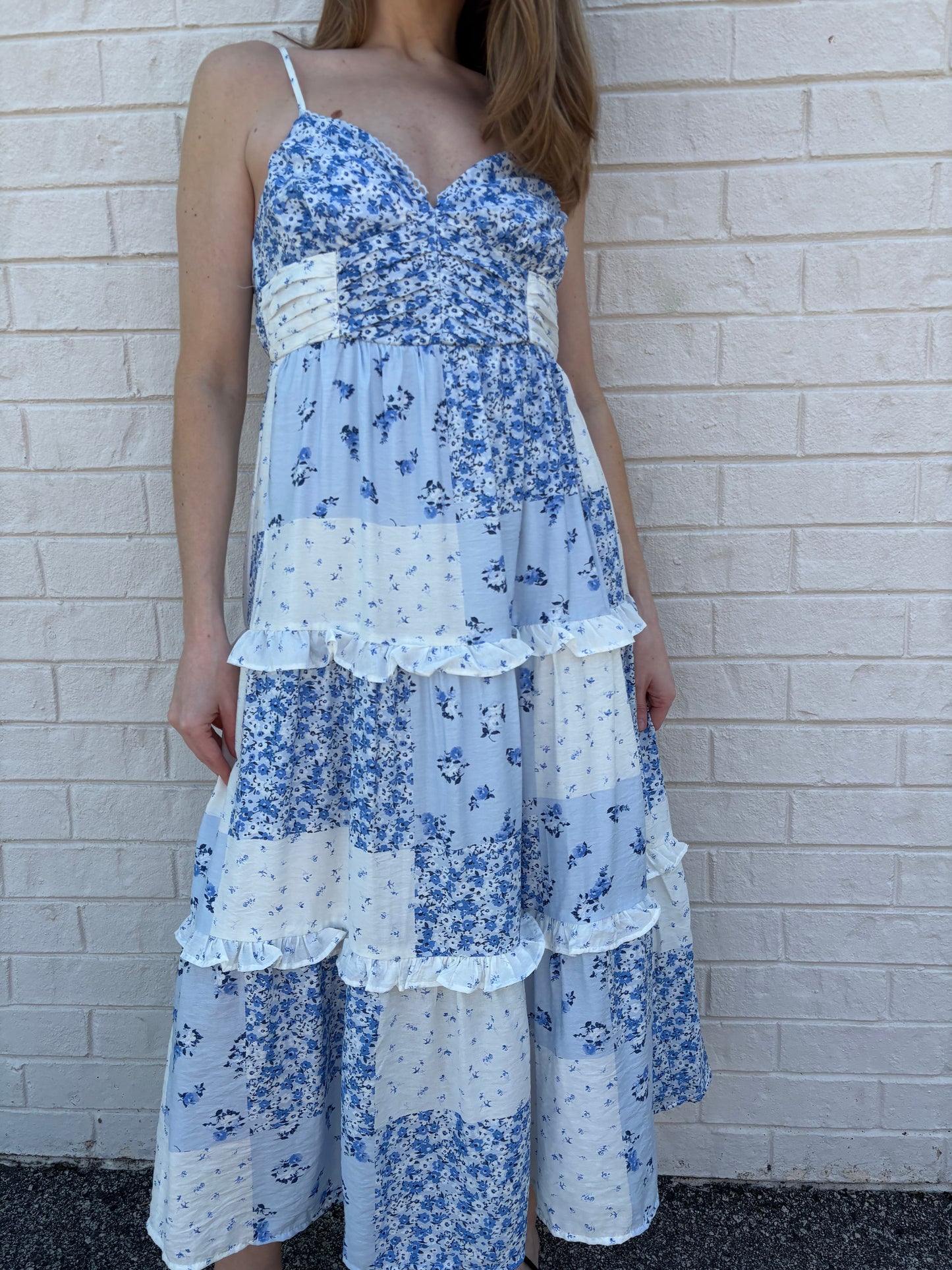 Blue Patchwork Midi Dress