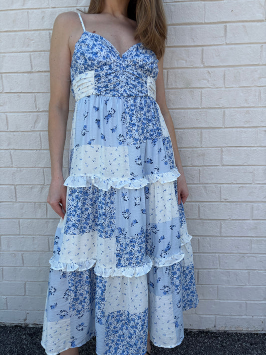 Blue Patchwork Midi Dress