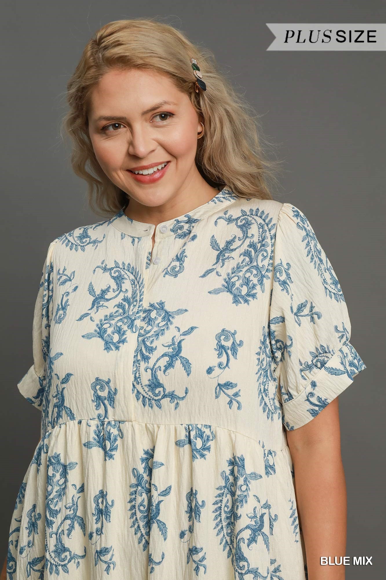 Cream Blue Mix Midi Dress