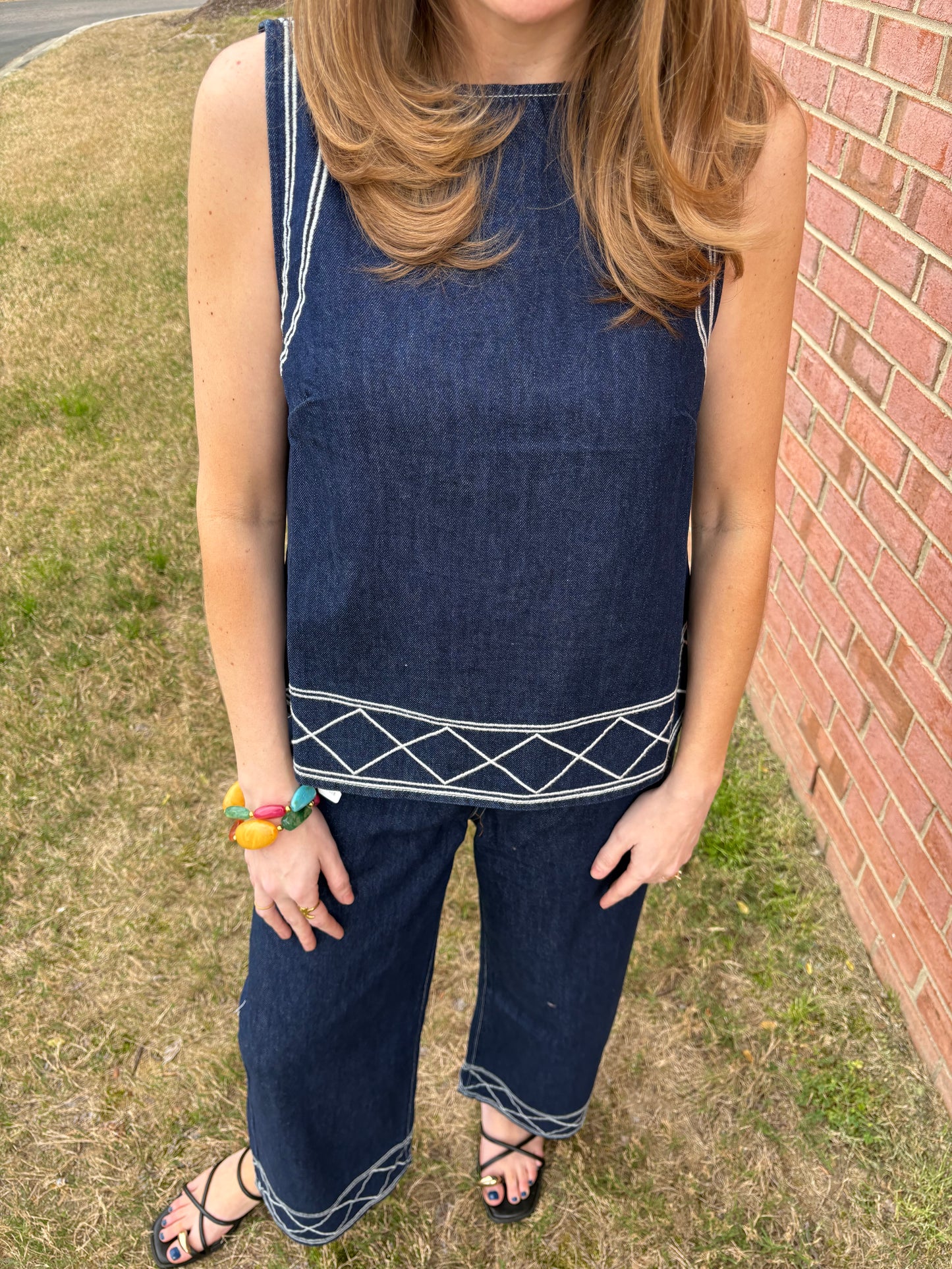 Embroidered Denim Tank & Pants Set