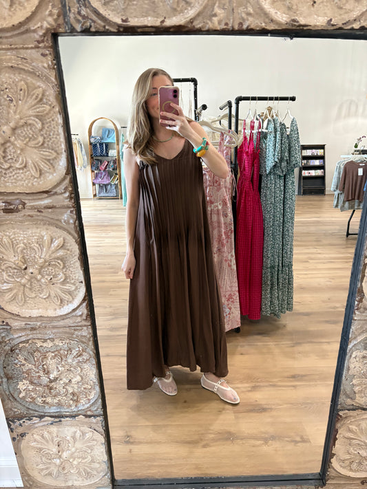 Isla Brown Pleated Maxi Dress